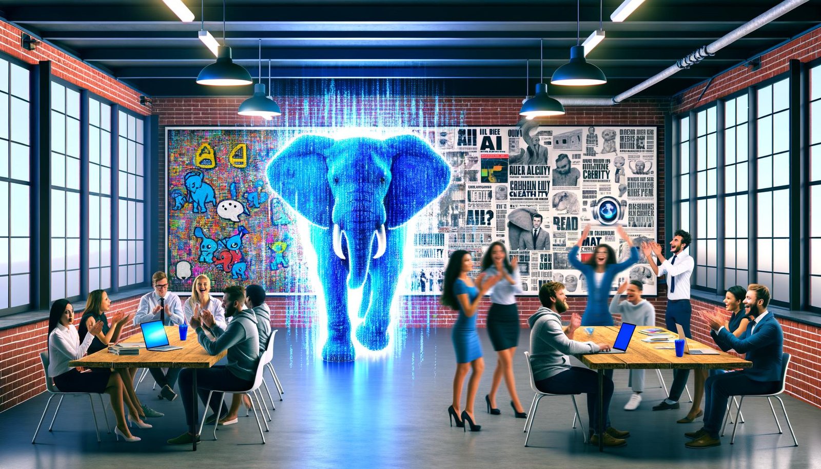 Szene in einem modernen Großraumbüro mit diskutierenden Werbetextern, entspannten Tech-Nerds und einem großen, blauen Daten-Elefanten als Symbol für KI, im Hintergrund traditionelle Werbeplakate mit digitalen Überlagerungen