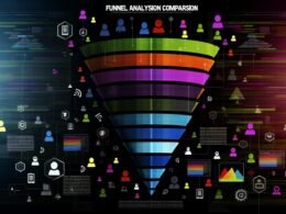 Magazin-Cover mit segmentiertem Funnel, vielen farbigen User-Icons, Dashboard-Elementen, Heatmaps, technischen Icons sowie analyserelvanten Touchpoints und Silhouetten im Hintergrund.
