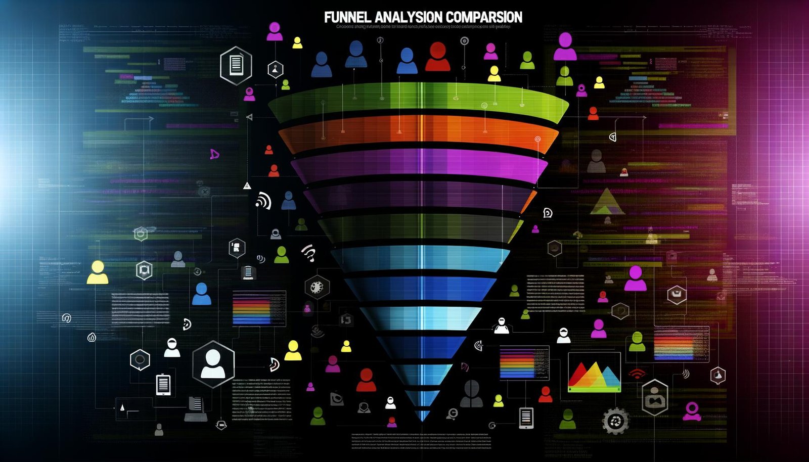 Magazin-Cover mit segmentiertem Funnel, vielen farbigen User-Icons, Dashboard-Elementen, Heatmaps, technischen Icons sowie analyserelvanten Touchpoints und Silhouetten im Hintergrund.