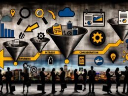 Digitale Collage eines modernen Marketing-Funnels, segmentiert mit farbigen Icons und Datenanalysten vor industriellem Hintergrund.