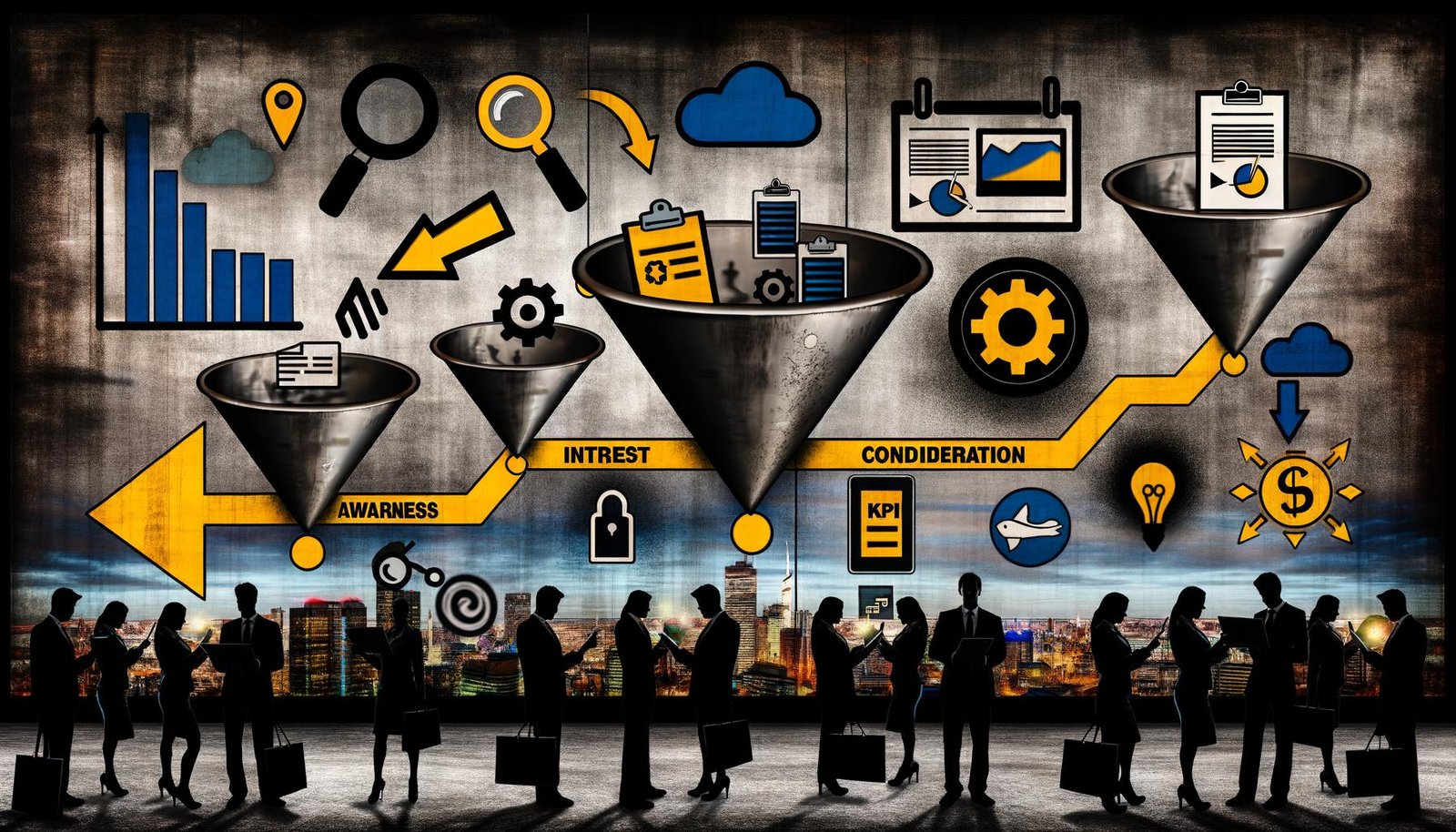 Digitale Collage eines modernen Marketing-Funnels, segmentiert mit farbigen Icons und Datenanalysten vor industriellem Hintergrund.