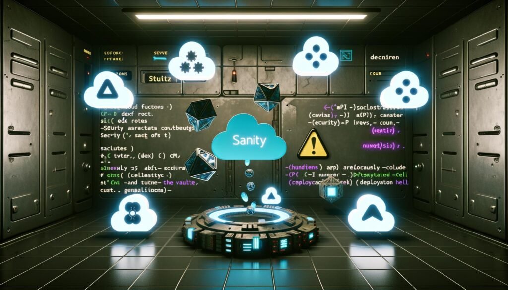 Futuristisches Cyberpunk-Cloud-Labor mit zentralem Sanity Headless CMS Symbol, umgeben von Next.js und Nuxt Logos, leuchtenden Netzwerkverbindungen sowie Sicherheits- und Code-Details.