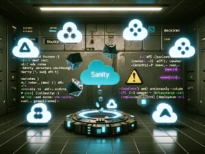 Futuristisches Cyberpunk-Cloud-Labor mit zentralem Sanity Headless CMS Symbol, umgeben von Next.js und Nuxt Logos, leuchtenden Netzwerkverbindungen sowie Sicherheits- und Code-Details.