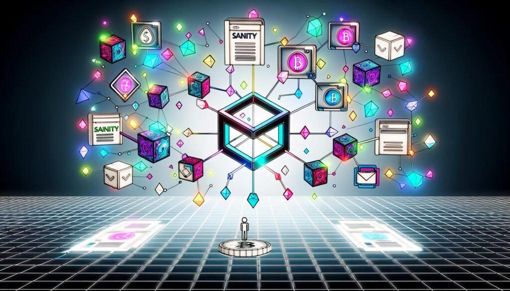 Futuristische Illustration einer hybriden Content-Infrastruktur mit Sanity-Headless-CMS, verbunden mit Blockchain-Symbolen, Wallet-Icons, NFTs und digitalen Energielinien vor Web2- und Web3-Hintergrund.