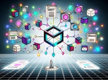 Futuristische Illustration einer hybriden Content-Infrastruktur mit Sanity-Headless-CMS, verbunden mit Blockchain-Symbolen, Wallet-Icons, NFTs und digitalen Energielinien vor Web2- und Web3-Hintergrund.