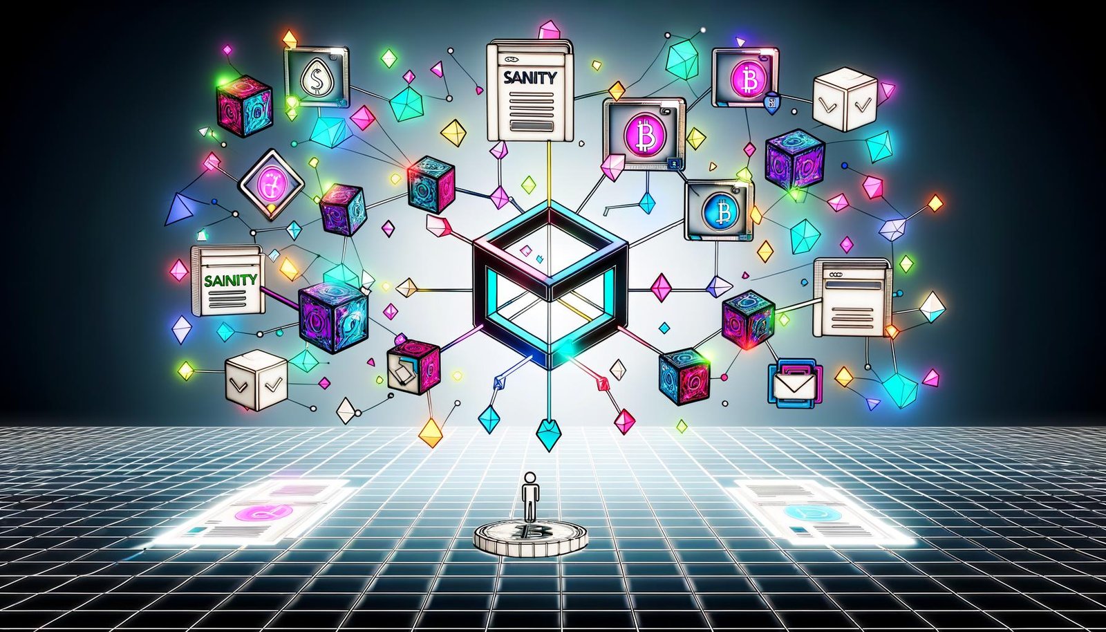 Futuristische Illustration einer hybriden Content-Infrastruktur mit Sanity-Headless-CMS, verbunden mit Blockchain-Symbolen, Wallet-Icons, NFTs und digitalen Energielinien vor Web2- und Web3-Hintergrund.