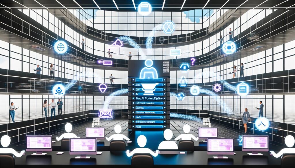 Futuristisches Redaktionsteam arbeitet im digitalen Büro mit Strapi AI Content Pipeline, KI-Workflows und multikanaligem Publizieren.