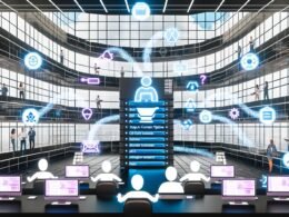 Futuristisches Redaktionsteam arbeitet im digitalen Büro mit Strapi AI Content Pipeline, KI-Workflows und multikanaligem Publizieren.