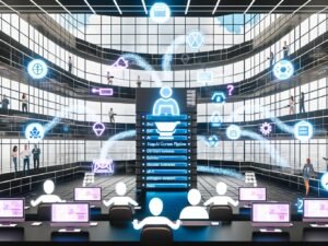 Futuristisches Redaktionsteam arbeitet im digitalen Büro mit Strapi AI Content Pipeline, KI-Workflows und multikanaligem Publizieren.