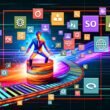 Dynamisch-moderne Magazin-Titelseite mit stilisiertem Büro-Menschen auf Förderband und digitalen Content-Elementen, umgeben von abstrakten KI-Icons und LED-Linien