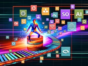 Dynamisch-moderne Magazin-Titelseite mit stilisiertem Büro-Menschen auf Förderband und digitalen Content-Elementen, umgeben von abstrakten KI-Icons und LED-Linien