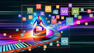 Dynamisch-moderne Magazin-Titelseite mit stilisiertem Büro-Menschen auf Förderband und digitalen Content-Elementen, umgeben von abstrakten KI-Icons und LED-Linien