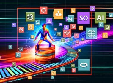 Dynamisch-moderne Magazin-Titelseite mit stilisiertem Büro-Menschen auf Förderband und digitalen Content-Elementen, umgeben von abstrakten KI-Icons und LED-Linien