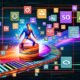 Dynamisch-moderne Magazin-Titelseite mit stilisiertem Büro-Menschen auf Förderband und digitalen Content-Elementen, umgeben von abstrakten KI-Icons und LED-Linien
