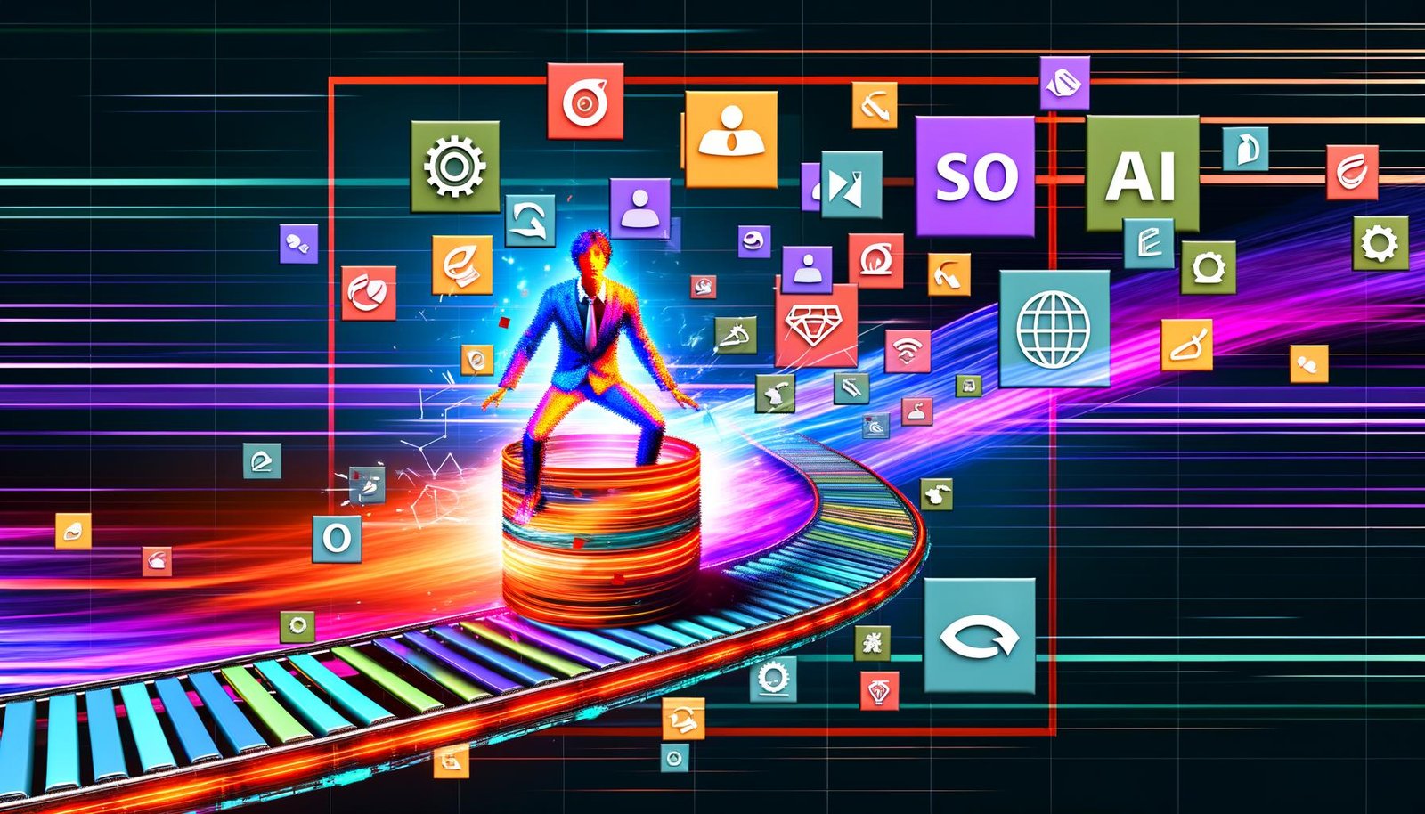 Dynamisch-moderne Magazin-Titelseite mit stilisiertem Büro-Menschen auf Förderband und digitalen Content-Elementen, umgeben von abstrakten KI-Icons und LED-Linien
