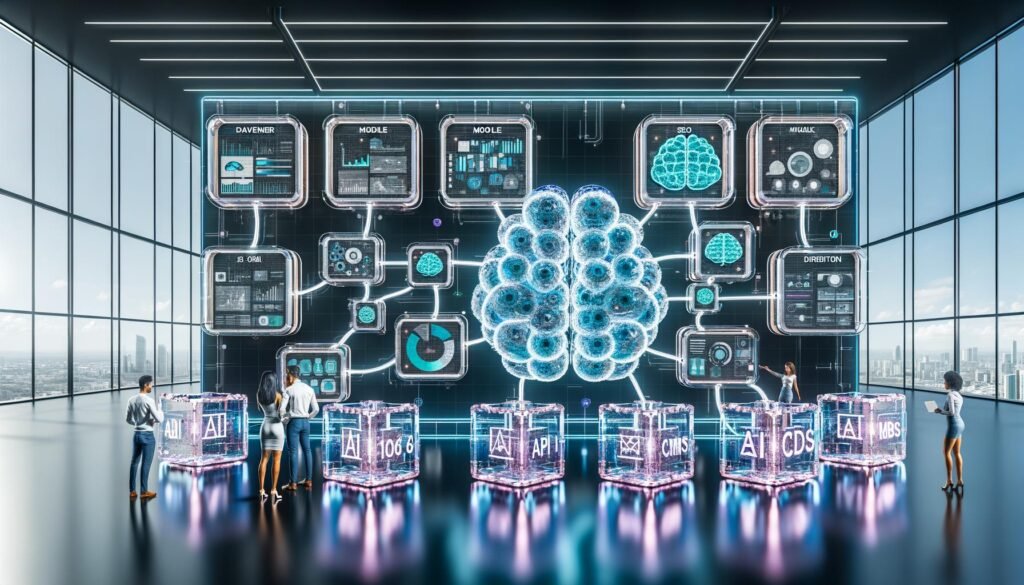 Futuristischer Kontrollraum mit digitalen Dashboards, KI-Grafik, verbundenen API-Modulen und Team aus Entwicklern, Marketern und Datenwissenschaftlern, Branding von 404 Magazine sichtbar.
