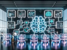 Futuristischer Kontrollraum mit digitalen Dashboards, KI-Grafik, verbundenen API-Modulen und Team aus Entwicklern, Marketern und Datenwissenschaftlern, Branding von 404 Magazine sichtbar.
