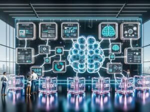 Futuristischer Kontrollraum mit digitalen Dashboards, KI-Grafik, verbundenen API-Modulen und Team aus Entwicklern, Marketern und Datenwissenschaftlern, Branding von 404 Magazine sichtbar.