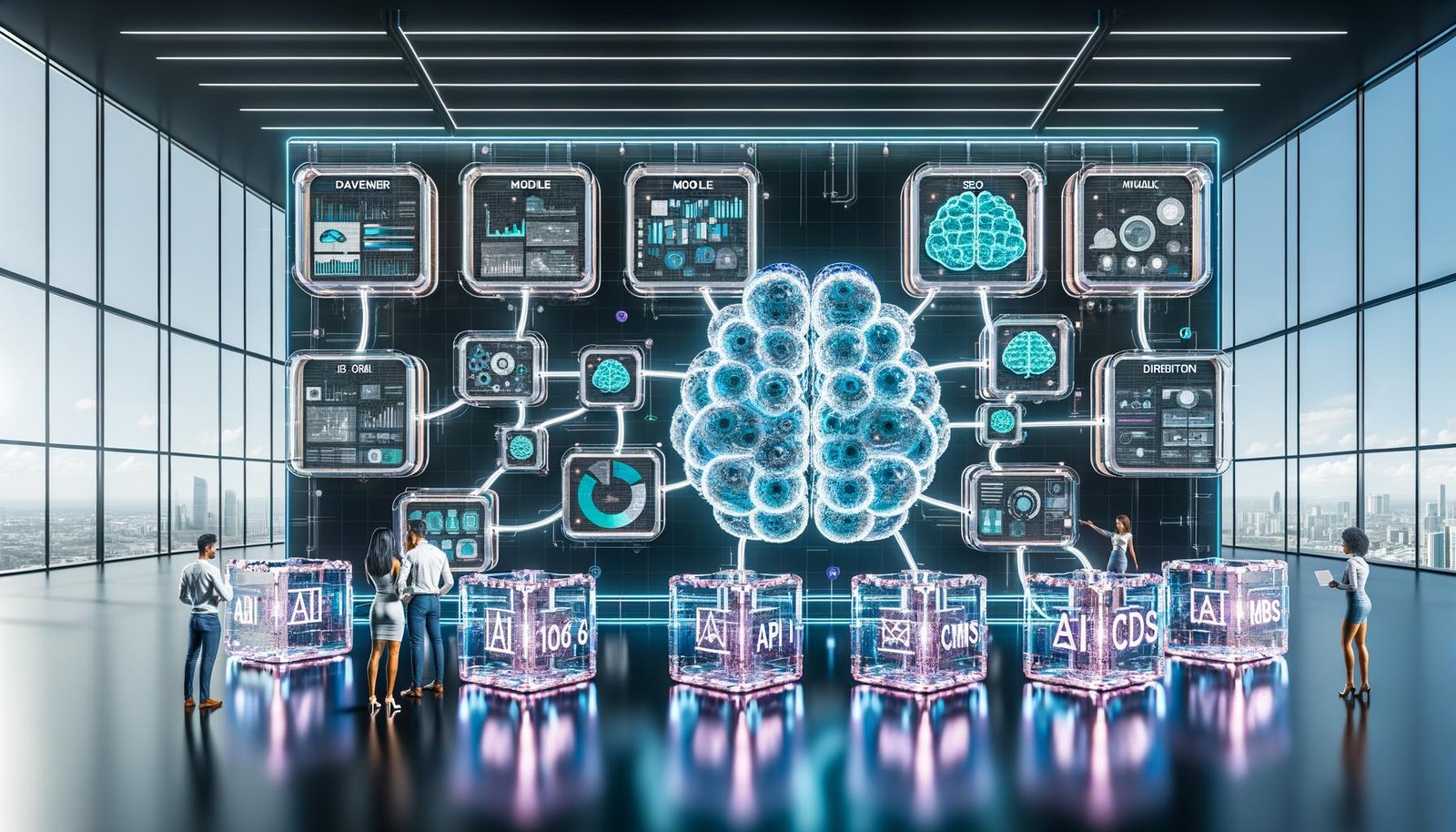 Futuristischer Kontrollraum mit digitalen Dashboards, KI-Grafik, verbundenen API-Modulen und Team aus Entwicklern, Marketern und Datenwissenschaftlern, Branding von 404 Magazine sichtbar.