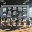 Stylische, moderne Loft-Office-Arbeitsumgebung mit großem digitalen Dashboard, das Content-Workflows, Kalender, SEO-Analysen und Metriken zeigt; mehrere Personen arbeiten mit Laptops und Tablets kooperativ zusammen.