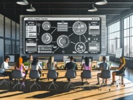 Stylische, moderne Loft-Office-Arbeitsumgebung mit großem digitalen Dashboard, das Content-Workflows, Kalender, SEO-Analysen und Metriken zeigt; mehrere Personen arbeiten mit Laptops und Tablets kooperativ zusammen.