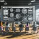 Stylische, moderne Loft-Office-Arbeitsumgebung mit großem digitalen Dashboard, das Content-Workflows, Kalender, SEO-Analysen und Metriken zeigt; mehrere Personen arbeiten mit Laptops und Tablets kooperativ zusammen.