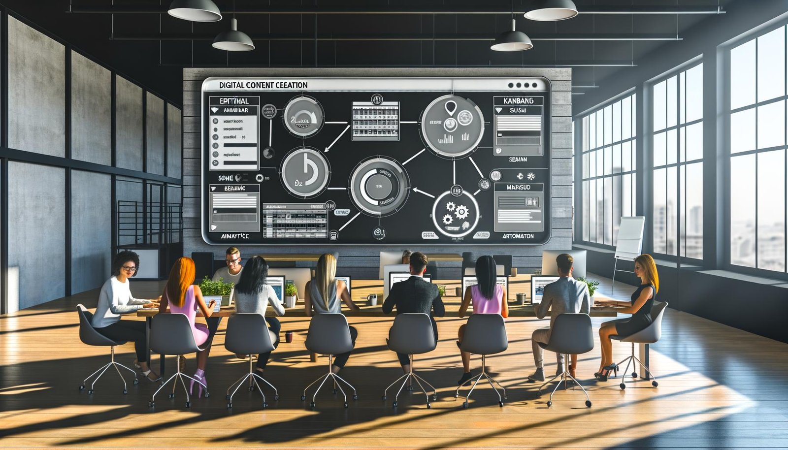 Stylische, moderne Loft-Office-Arbeitsumgebung mit großem digitalen Dashboard, das Content-Workflows, Kalender, SEO-Analysen und Metriken zeigt; mehrere Personen arbeiten mit Laptops und Tablets kooperativ zusammen.