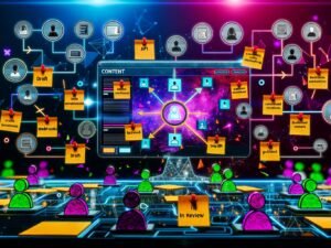 Dashboard von Strapi CMS auf einem Monitor, mit verbundenen Rollen und Status-Badges sowie Icons für Automatisierungen in einem technisch-dynamischen Workspace.