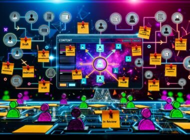 Dashboard von Strapi CMS auf einem Monitor, mit verbundenen Rollen und Status-Badges sowie Icons für Automatisierungen in einem technisch-dynamischen Workspace.