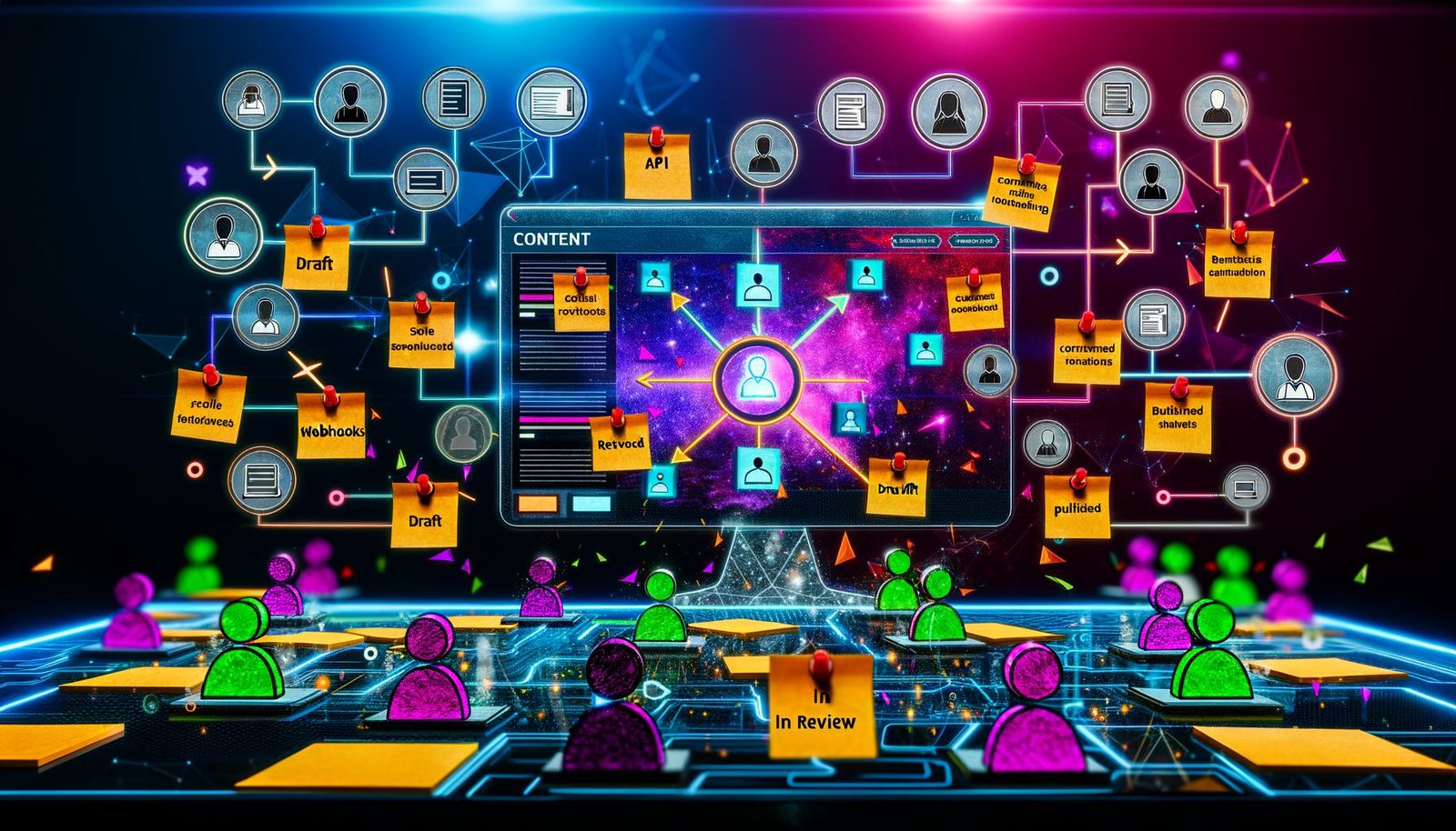 Dashboard von Strapi CMS auf einem Monitor, mit verbundenen Rollen und Status-Badges sowie Icons für Automatisierungen in einem technisch-dynamischen Workspace.