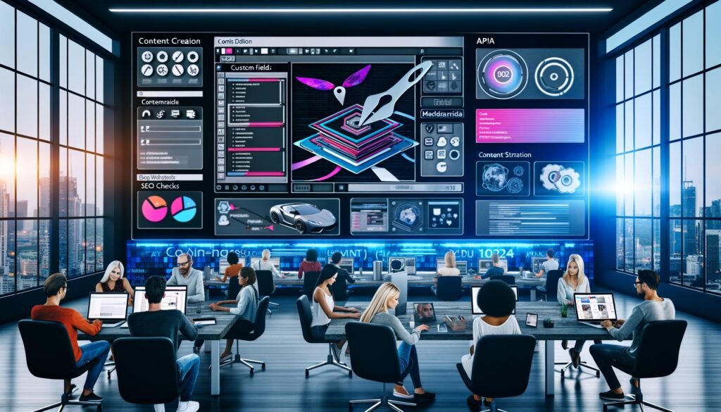 Stylische, futuristische Redaktionsumgebung mit digitalem Content Editor, modernen Geräten und dynamischen Workflow-Diagrammen im Hintergrund.