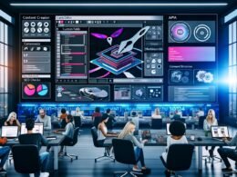 Stylische, futuristische Redaktionsumgebung mit digitalem Content Editor, modernen Geräten und dynamischen Workflow-Diagrammen im Hintergrund.