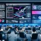 Stylische, futuristische Redaktionsumgebung mit digitalem Content Editor, modernen Geräten und dynamischen Workflow-Diagrammen im Hintergrund.