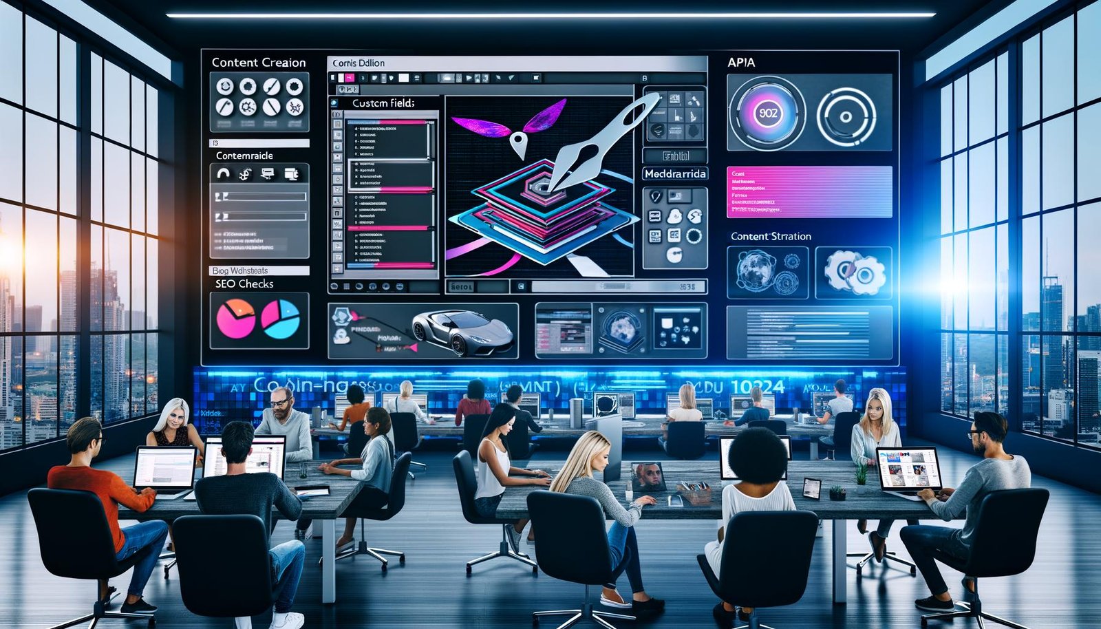 Stylische, futuristische Redaktionsumgebung mit digitalem Content Editor, modernen Geräten und dynamischen Workflow-Diagrammen im Hintergrund.