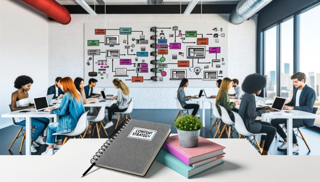 Junge Kreative arbeiten an Laptops und großen Monitoren mit bunten Content-Strategie-Diagrammen, strukturierten Workflows und Redaktionsplänen in einem modernen Büro.