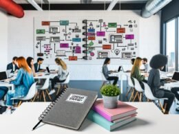 Junge Kreative arbeiten an Laptops und großen Monitoren mit bunten Content-Strategie-Diagrammen, strukturierten Workflows und Redaktionsplänen in einem modernen Büro.