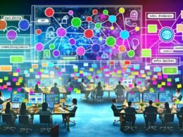 Dynamischer, moderner Workspace mit mehreren Bildschirmen voller bunter Content-Workflows, Analyse-Dashboards und digital arbeitenden Menschen um ein zentrales Interface mit vernetzten Knotenpunkten.