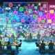Dynamischer, moderner Workspace mit mehreren Bildschirmen voller bunter Content-Workflows, Analyse-Dashboards und digital arbeitenden Menschen um ein zentrales Interface mit vernetzten Knotenpunkten.