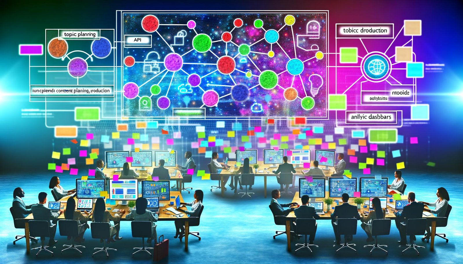 Dynamischer, moderner Workspace mit mehreren Bildschirmen voller bunter Content-Workflows, Analyse-Dashboards und digital arbeitenden Menschen um ein zentrales Interface mit vernetzten Knotenpunkten.