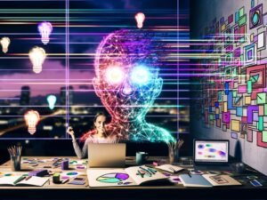 Moderner Arbeitsplatz mit Laptop, bunten Notizbüchern, skizzenhaften Mindmaps und einer neugierigen Person, die einem leuchtenden KI-Hologramm gegenübersitzt. Farbige Datenströme und kreative Symbole verbinden beide.