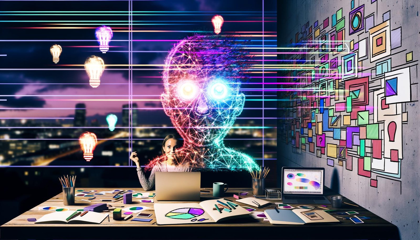 Moderner Arbeitsplatz mit Laptop, bunten Notizbüchern, skizzenhaften Mindmaps und einer neugierigen Person, die einem leuchtenden KI-Hologramm gegenübersitzt. Farbige Datenströme und kreative Symbole verbinden beide.