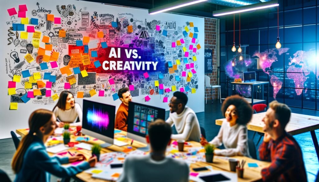 Redaktionsteam diskutiert vor Whiteboards mit Skizzen, Post-Its und ‚KI vs. Kreativität‘, im modernen Loft-Büro zwischen KI-generierten Inhalten und handgezeichneten Illustrationen.