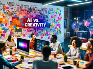 Redaktionsteam diskutiert vor Whiteboards mit Skizzen, Post-Its und ‚KI vs. Kreativität‘, im modernen Loft-Büro zwischen KI-generierten Inhalten und handgezeichneten Illustrationen.