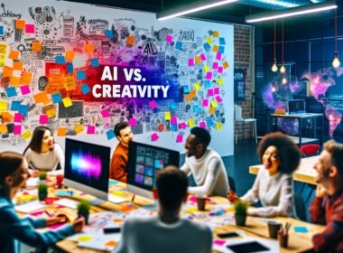 Redaktionsteam diskutiert vor Whiteboards mit Skizzen, Post-Its und ‚KI vs. Kreativität‘, im modernen Loft-Büro zwischen KI-generierten Inhalten und handgezeichneten Illustrationen.