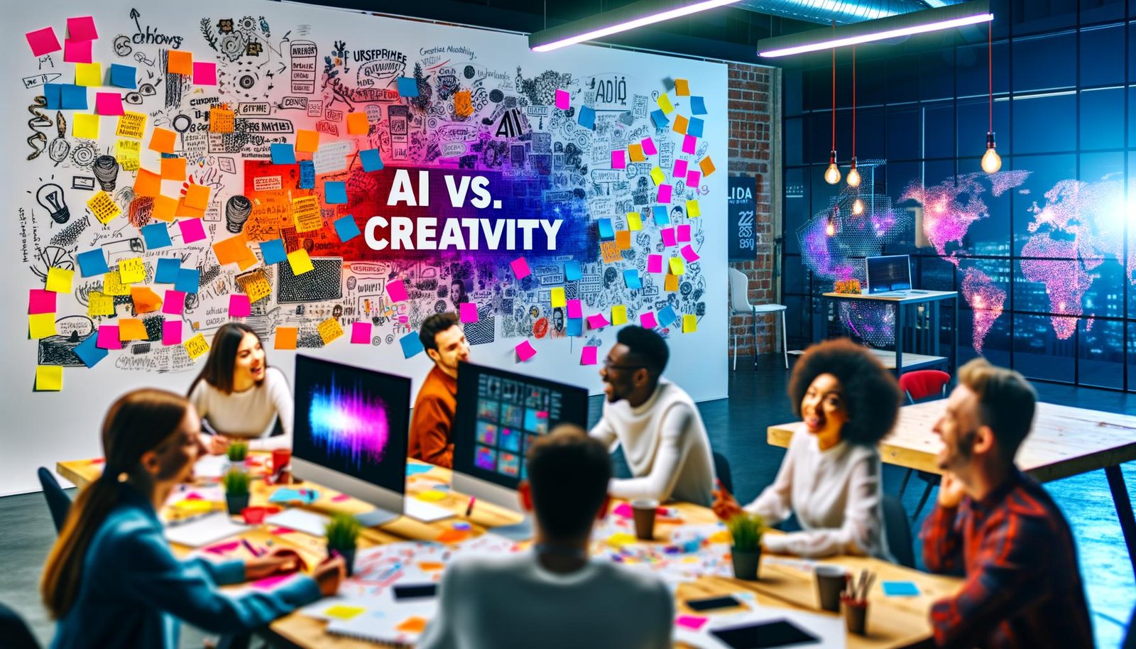 Redaktionsteam diskutiert vor Whiteboards mit Skizzen, Post-Its und ‚KI vs. Kreativität‘, im modernen Loft-Büro zwischen KI-generierten Inhalten und handgezeichneten Illustrationen.