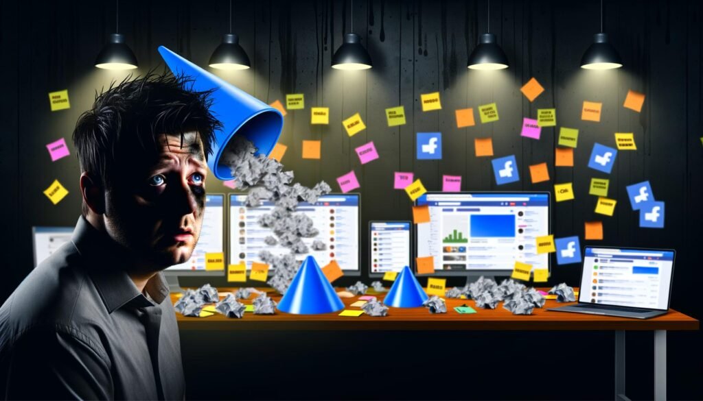 Gestresster Online-Marketer vor chaotischem Schreibtisch mit vielen offenen Tabs, Notizzetteln, Marketing-Tool-Icons und schlechten Conversion-Zahlen