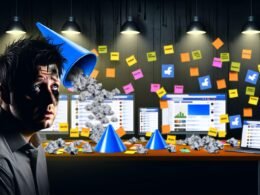 Gestresster Online-Marketer vor chaotischem Schreibtisch mit vielen offenen Tabs, Notizzetteln, Marketing-Tool-Icons und schlechten Conversion-Zahlen