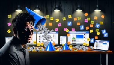 Gestresster Online-Marketer vor chaotischem Schreibtisch mit vielen offenen Tabs, Notizzetteln, Marketing-Tool-Icons und schlechten Conversion-Zahlen