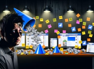 Gestresster Online-Marketer vor chaotischem Schreibtisch mit vielen offenen Tabs, Notizzetteln, Marketing-Tool-Icons und schlechten Conversion-Zahlen