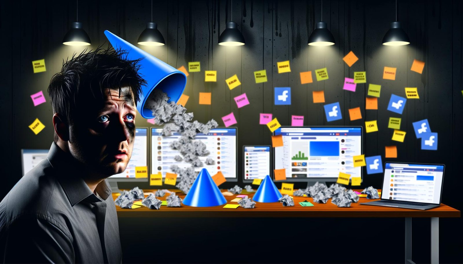 Gestresster Online-Marketer vor chaotischem Schreibtisch mit vielen offenen Tabs, Notizzetteln, Marketing-Tool-Icons und schlechten Conversion-Zahlen
